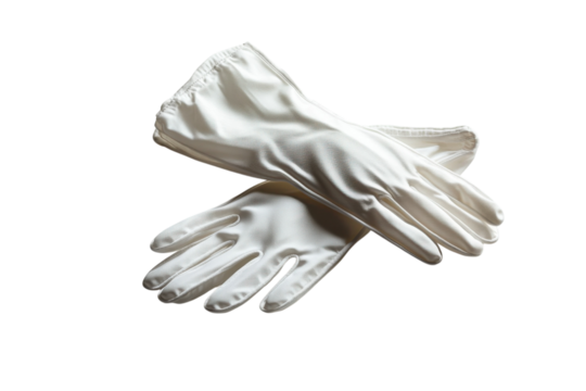 Elegant ivory satin gloves, a whispered promise of a special occasion, softly draped against a bright white background.