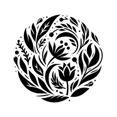 Intricate Black and White Floral Arrangement in a Circle, Featuring Leaves, Berries, and Stylized Blooms on a Plain White Background, Forming a Decorative Pattern.