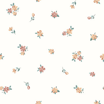 Vector illustration. Seamless Ditsy floral pattern of delicate small beige flowers on a light background. Liberty Floral pattern, field of flowers, print for fabric, textile, wallpaper