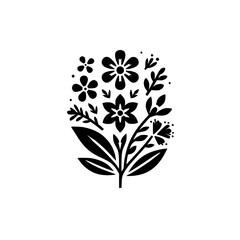 Elegant Black & White Floral Bouquet Illustration, Showcasing Various Flower and Leaf Shapes on a White Background.