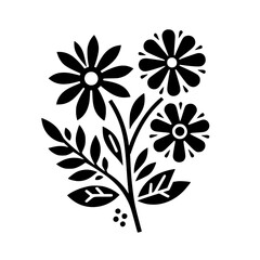 A stylized black and white floral arrangement featuring three daisies, leafy branches, and a minimalist design aesthetic set against a blank background.
