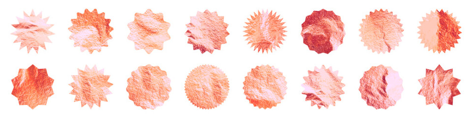 Rose gold stars, sunburst symbols. Shiny gold foil. Vintage sunbeam symbols. Shopping labels, sale sticker, quality mark. Modern art. Wedding, greeting card decoration elements. Vector illustration