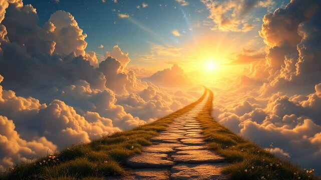  Ladder or way heavens gate in paradise. After life concept. Stairs to heaven in beautiful blue cloudy sky. God light. Stairway through clouds leading to heavenly light in spiritual fantasy. Religion.