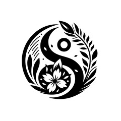 Obraz premium Elegant Yin-Yang symbol adorned with floral and botanical elements, rendered in contrasting black and white.