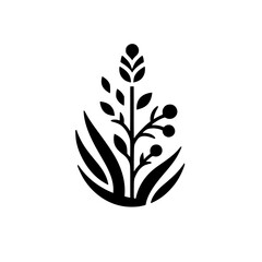 Minimalist Black and White Botanical Illustration: A stylized plant with a central stalk, leaves, berries, and surrounding blades.