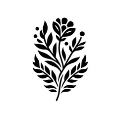 A stylized, symmetrical black floral design against a stark white background, featuring leaves, a flower, and decorative elements.