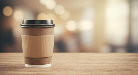 Brown Paper Coffee Cup On Wooden Table In Cafe