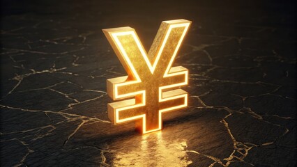 Fototapeta premium Illuminated Yen Symbol: A striking, gold-colored yen symbol glows against a sophisticated, textured dark surface, embodying financial strength and global economics.