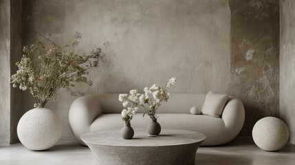 A stylish and modern living room, complete with a grey sofa, decorative accents such as vases, and gorgeous floral arrangements, showcases a beautifully minimalist design and a warm, cozy feel