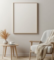 Minimalist living room with wooden frame, armchair, and pampas grass.