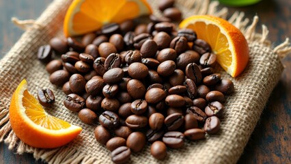 Fresh coffee beans on burlap with orange slices for a rustic touch