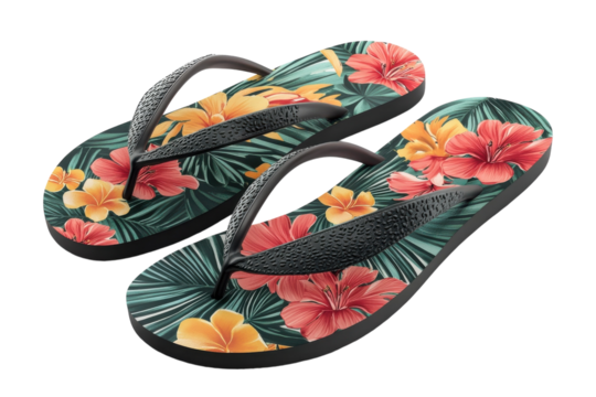 Escape to paradise with these vibrant tropical flip-flops featuring hibiscus flowers and lush palm leaves on a sleek black base.