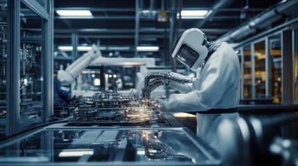 Automated precision, Robot arm assembling intricate machinery in advanced factory