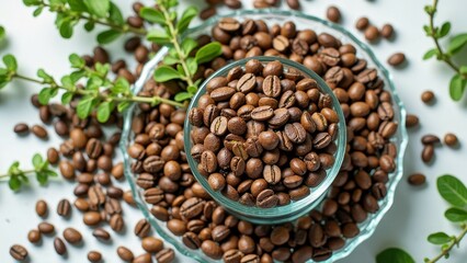 Fototapeta premium Close-up of coffee beans in glass bowl surrounded by fresh greenery