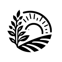 Minimalist agricultural emblem featuring a stylized sun over a harvested field and a leafy plant, symbolizing growth.