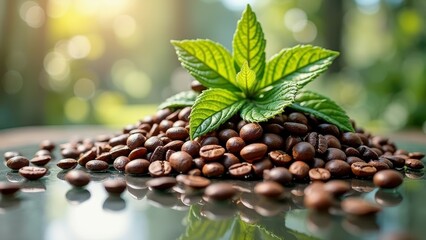 Obraz premium Fresh mint leaves on coffee beans with nature background in sunlight