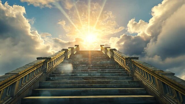 Stairway leading to a bright heavenly sun, symbolizing hope, future and spirituality