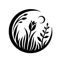 Monochromatic Floral Silhouette: A stylized botanical composition featuring a tulip, grasses, leafy sprig, and crescent moon within a circular frame.