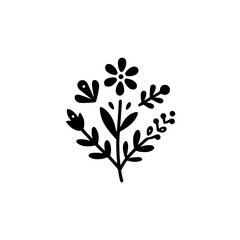 Simple, Elegant Black and White Floral Arrangement Illustration on White Background. Featuring flowers, leaves, and other botanical elements in a minimalist style.