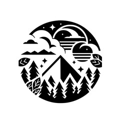 A stylized black and white illustration of a circular landscape scene including mountains, forest, clouds, and the night sky.