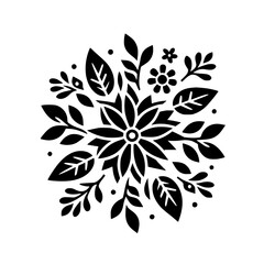 Intricate Black and White Floral Mandala: A symmetrical design with stylized leaves, blossoms, and dots, evoking a sense of balance and natural beauty.