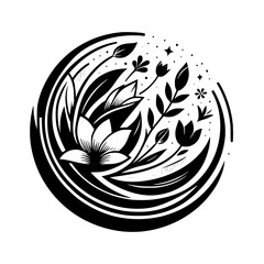 A stylized, black and white botanical illustration, a circular composition with a central flower, leaves, buds, and stars, enclosed within concentric circles, offering a balanced and elegant aesthetic