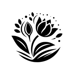 A stylized, circular monochrome illustration of a blooming flower with leaves, stem, and buds, evoking elegance and natural beauty.