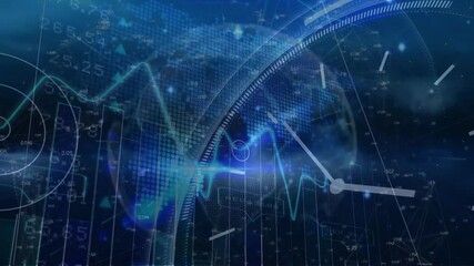 Animation of financial data and clock overlay on digital blue background - Powered by Adobe