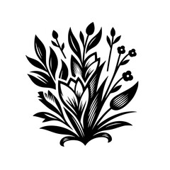 Elegant Black and White Floral Arrangement with Detailed Leaves and Blossoms on a Clean White Background.