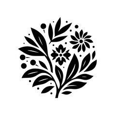 Intricate Black and White Floral Design: A stylized circular composition of leaves, blossoms and dots.