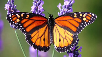 Fototapeta premium Vibrant Monarch Butterfly Resting on Beautiful Lavender Flowers in Natural Habitat