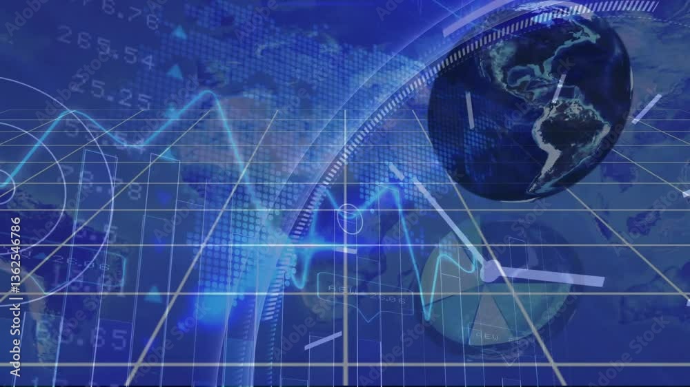 Poster abstract digital grid and globe with data processing animation in blue tones