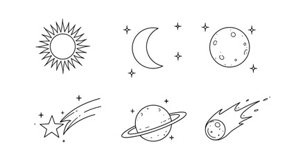 Celestial bodies: sun, moon, planets, stars, and a comet. Line art illustration. White background    