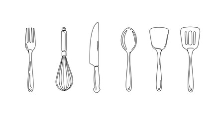 Line art kitchen utensils: fork, whisk, knife, spoon, spatula. White background    