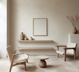 Minimalist living room with wooden furniture, neutral tones, and natural elements.