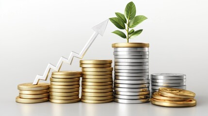 Stacks of gold and silver coins with green plant and white arrow showing growth on light background concept