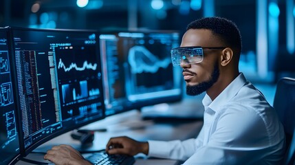 Focused young man analyzing data, African American professional working with digital graphs and charts, modern tech environment.