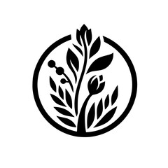 Intricate black and white botanical emblem, featuring stylized leaves, buds, and berries, enclosed within a circular frame, conveying a sense of minimalist elegance.