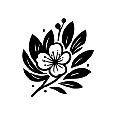 Stylized Black and White Illustration of a Blooming Cherry Blossom Branch with Detailed Petals, Leaves, and Berries.