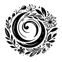 Elegant Monochrome Floral Mandala: Spiraling Centerpiece with Delicate Leaves, Flowers, and Dots, Creating a Harmonious, Circular Composition.