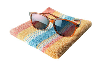 Summer's ready sunglasses resting on a vibrant striped beach towel, promising sun-drenched days and carefree adventures.