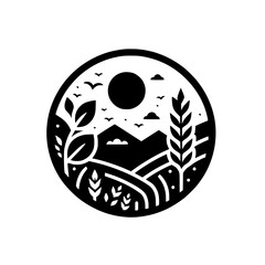Serene Black and White Landscape Illustration: A Circular Design Featuring Mountains, Fields, Sun, Birds, and Floral Elements.