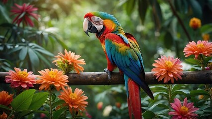Obraz premium A vibrant parrot perched on a bamboo branch surrounded by colorful flowers in a lush setting.