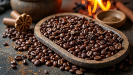Fototapeta premium Roasted coffee beans with anise in rustic wooden bowl