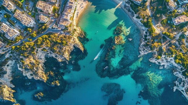 Aerial view of turquoise bay with boats, cliffs and beachfront houses in La Zenia Orihuela on sunny day