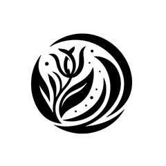 Elegant Black and White Floral Emblem: Stylized Flower & Leaves within a Circular Design with Dot Accents, Symbolizing Natural Beauty and Harmony.