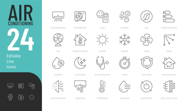 Air conditioning Line Editable Icons set. Vector illustration in modern thin line style of climate control related icons: cooling, heating, air ionization, and more. Isolated on transparent background