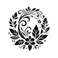 Circular Black Floral Design with Intricate Leaves, Petals, and Swirls in a Classic, Graphic Style, on a White Background.