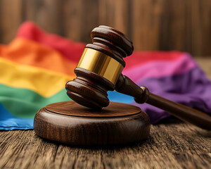 Obraz premium Gavel rests on wood with rainbow flag in background