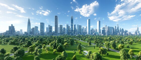 Futuristic urban development metropolis hyperrealistic image green landscape panoramic view advanced technology